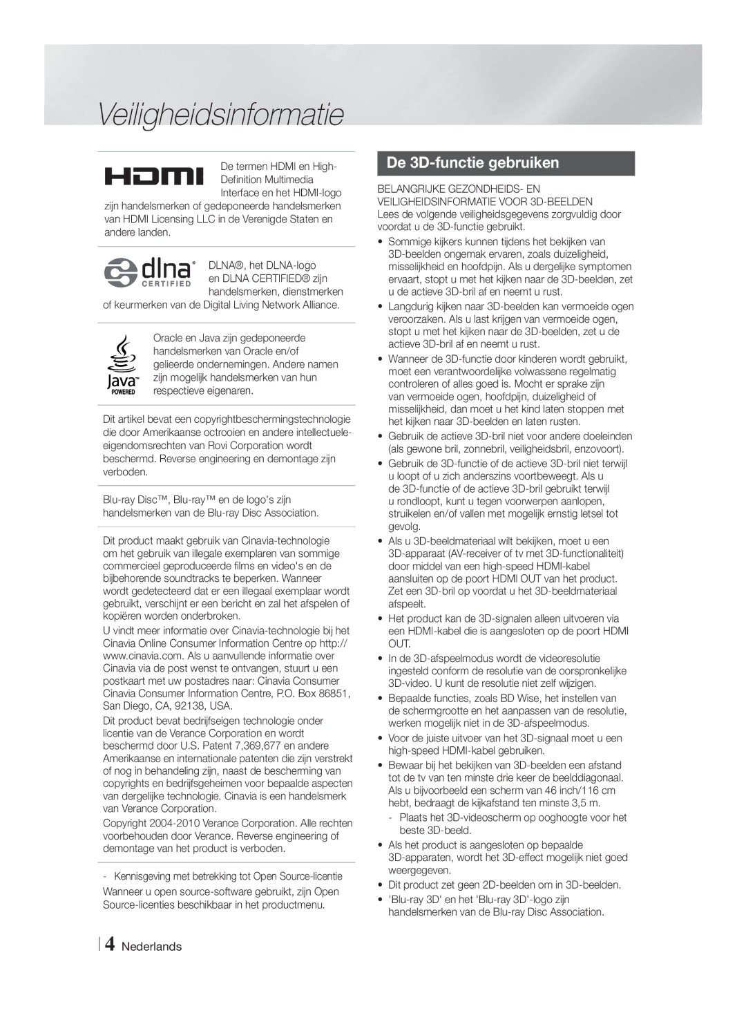 Samsung HT-F4500/TK, HT-F4550/TK, HT-F4550/EN, HT-F4500/EN, HT-F4550/ZF, HT-F4500/ZF manual De 3D-functie gebruiken 