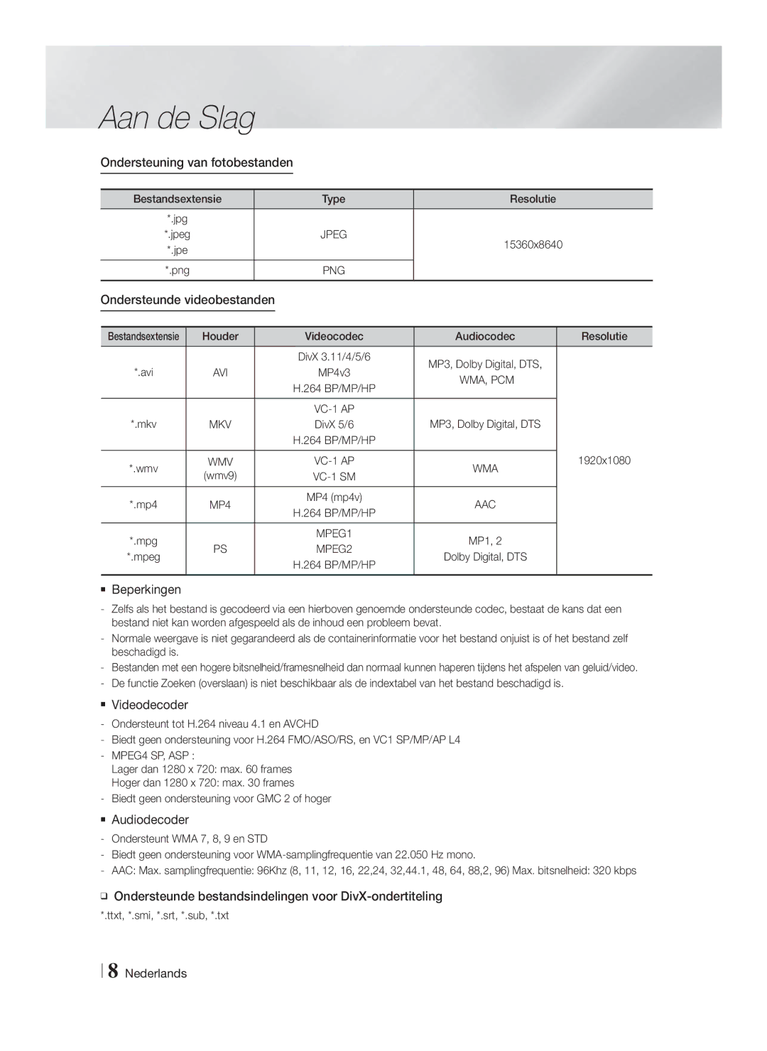 Samsung HT-F4550/ZF, HT-F4500/TK manual Ondersteuning van fotobestanden,  Beperkingen,  Videodecoder,  Audiodecoder 