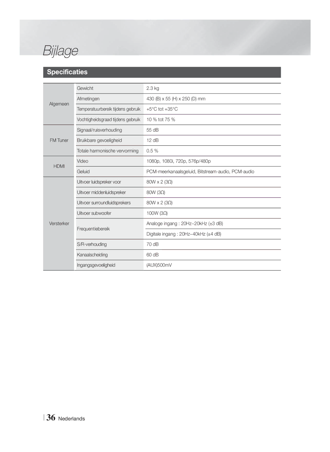 Samsung HT-F4550/EN manual Specificaties, Algemeen FM Tuner, Versterker Gewicht Afmetingen X 55 H x 250 D mm, +5C tot +35C 