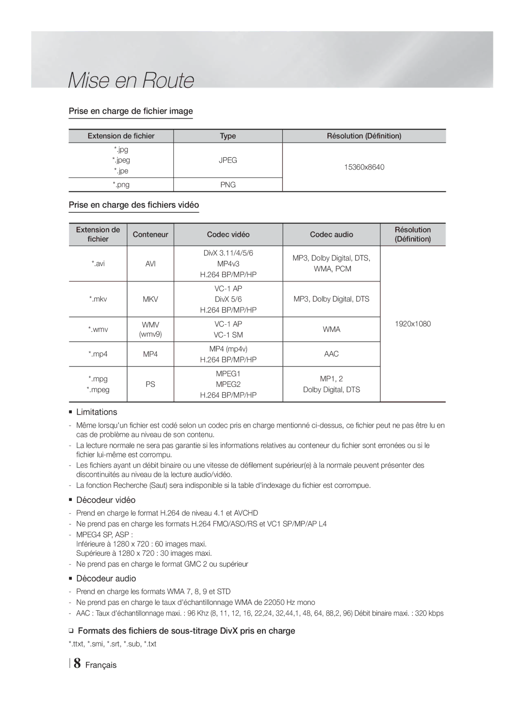 Samsung HT-F4550/EN, HT-F4500/TK manual Prise en charge de fichier image,  Limitations,  Décodeur vidéo,  Décodeur audio 