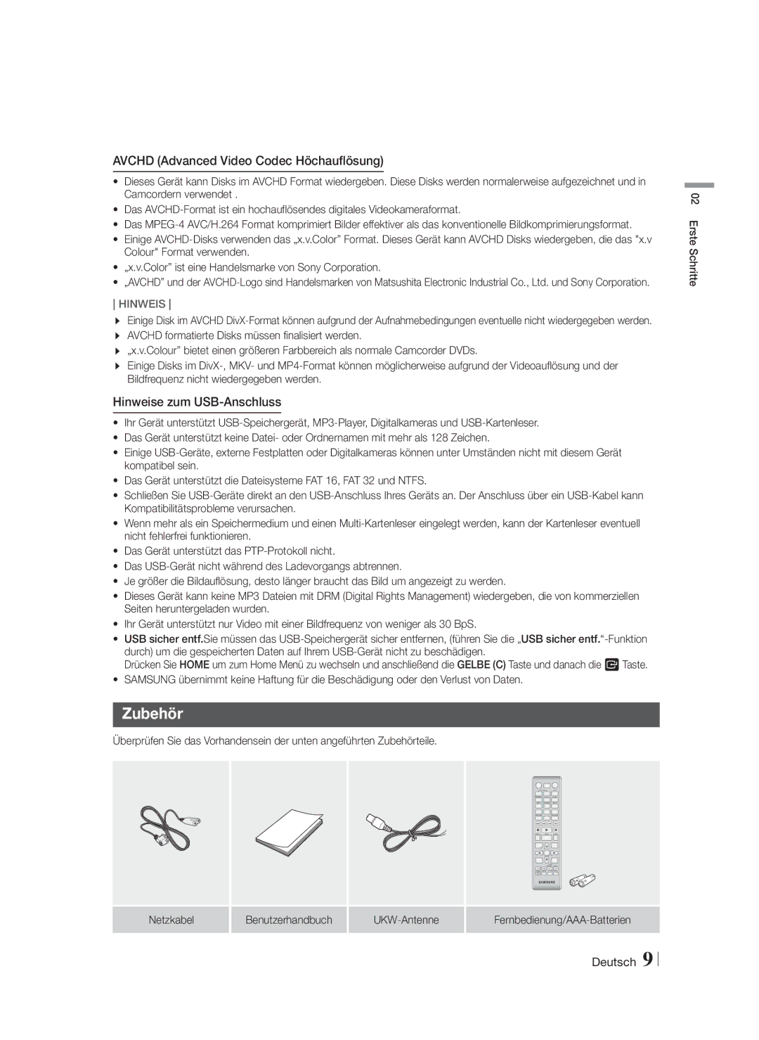 Samsung HT-F4550/TK, HT-F4500/TK, HT-F4550/EN Zubehör, Avchd Advanced Video Codec Höchauflösung, Hinweise zum USB-Anschluss 