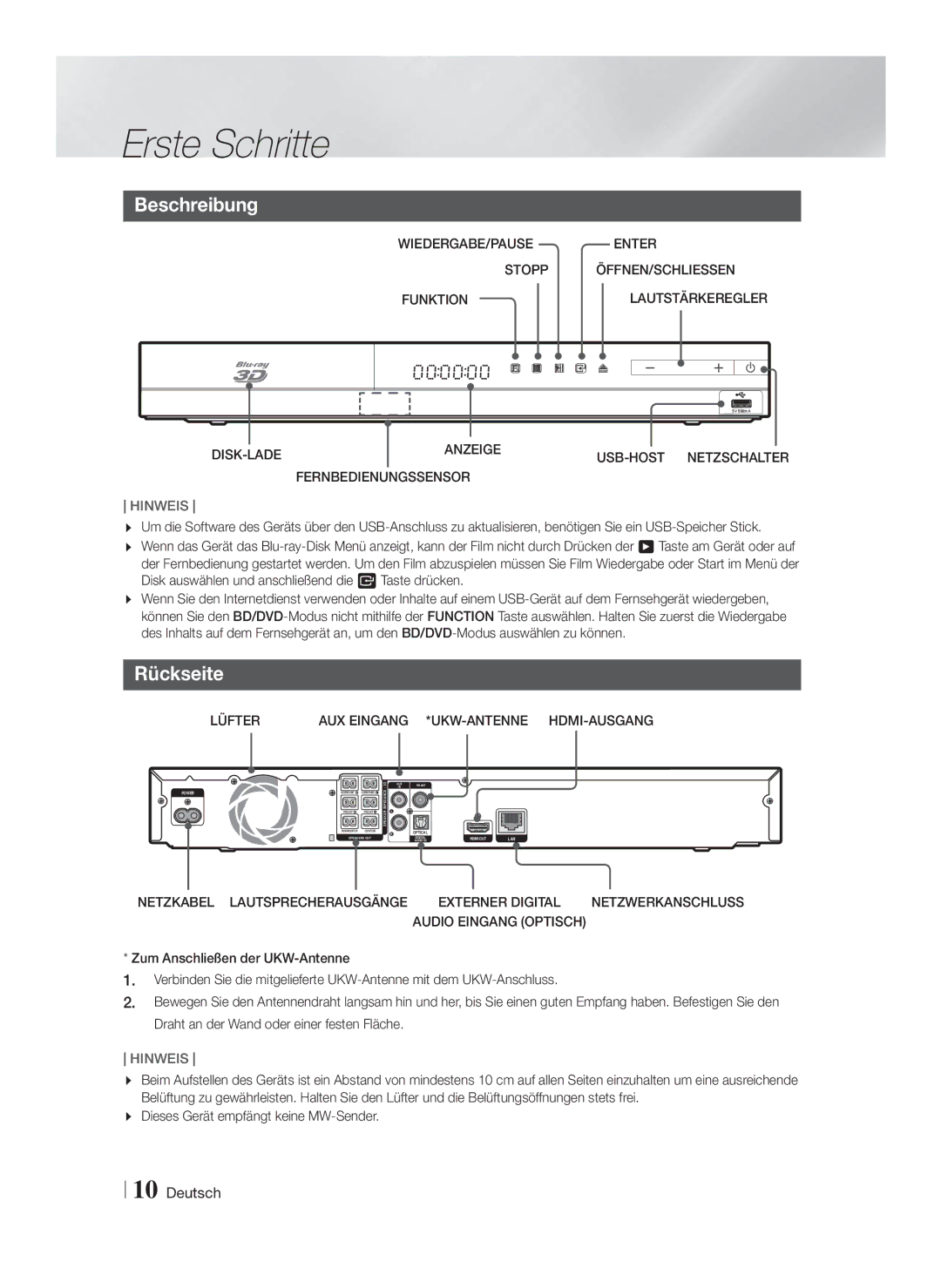 Samsung HT-F4550/EN Beschreibung, Rückseite, Lüfter AUX Eingang *UKW-ANTENNE HDMI-AUSGANG, Netzkabel Lautsprecherausgänge 