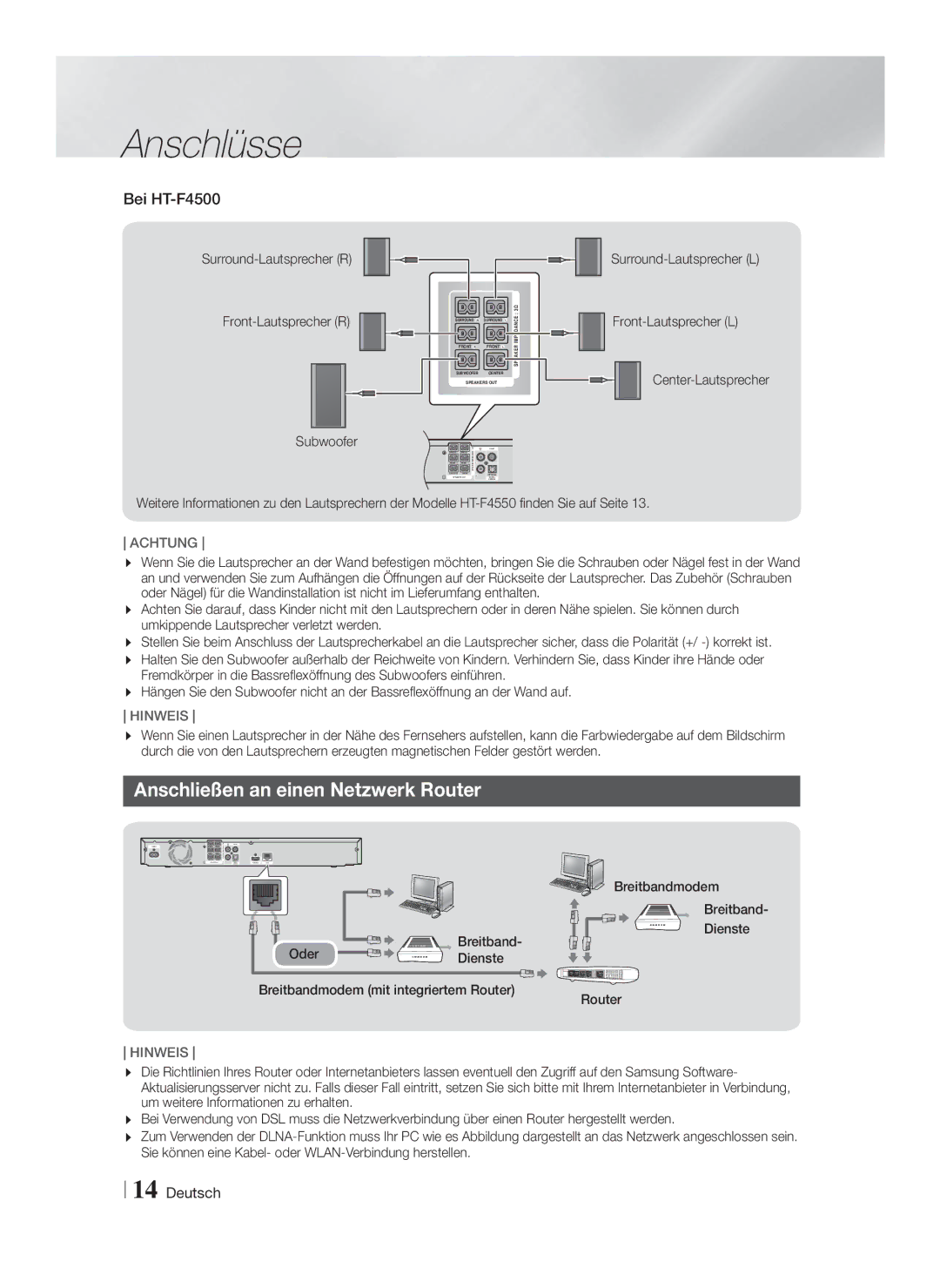 Samsung HT-F4500/TK Anschließen an einen Netzwerk Router, Bei HT-F4500, Front-Lautsprecher L Center-Lautsprecher Subwoofer 