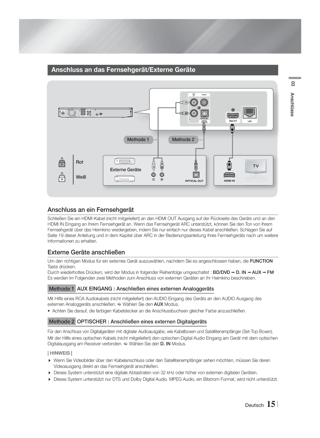 Samsung HT-F4550/TK, HT-F4500/TK, HT-F4550/EN Anschluss an das Fernsehgerät/Externe Geräte, Anschluss an ein Fernsehgerät 