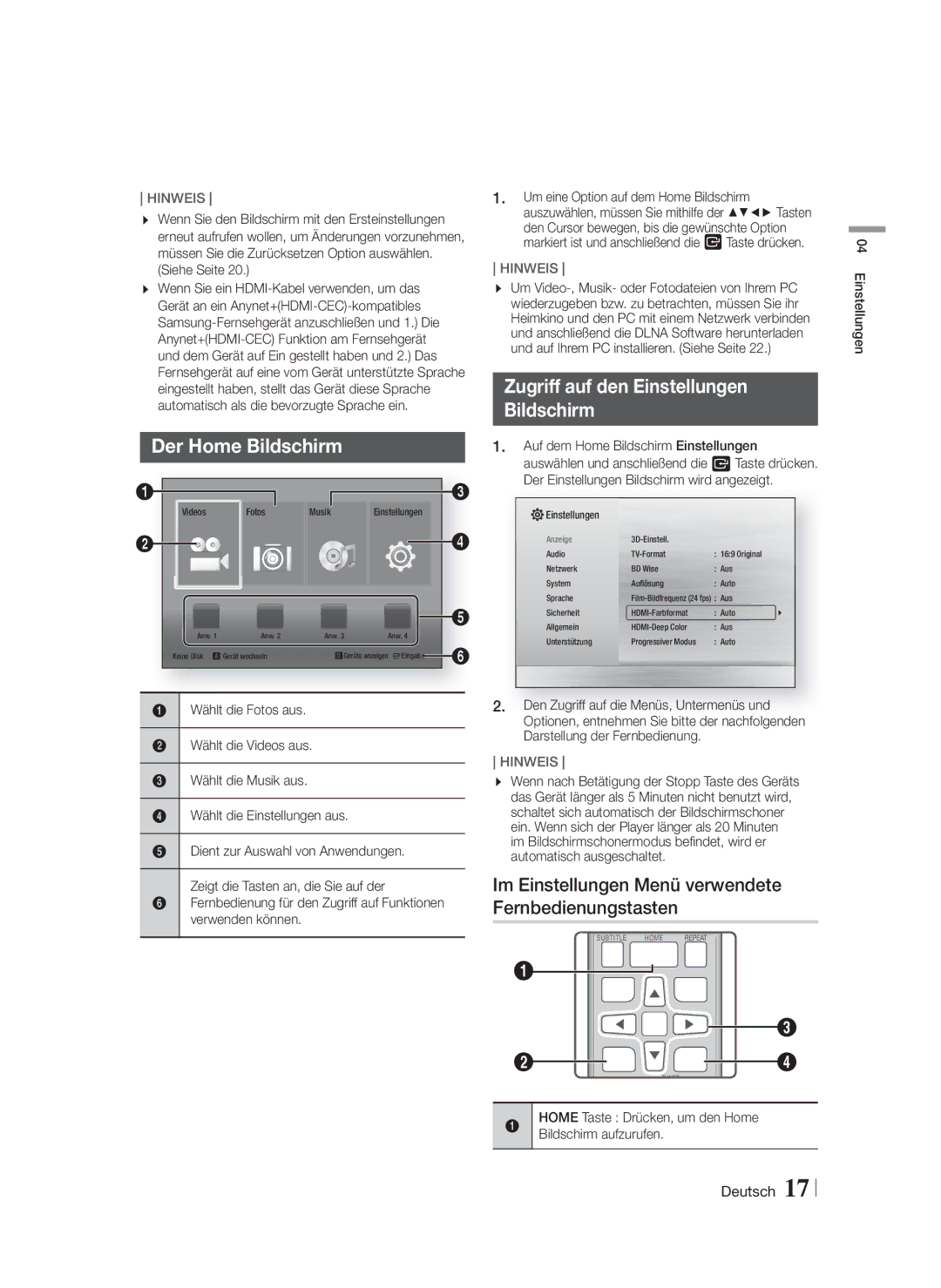 Samsung HT-F4500/EN, HT-F4500/TK, HT-F4550/TK, HT-F4550/EN Der Home Bildschirm, Zugriff auf den Einstellungen Bildschirm 