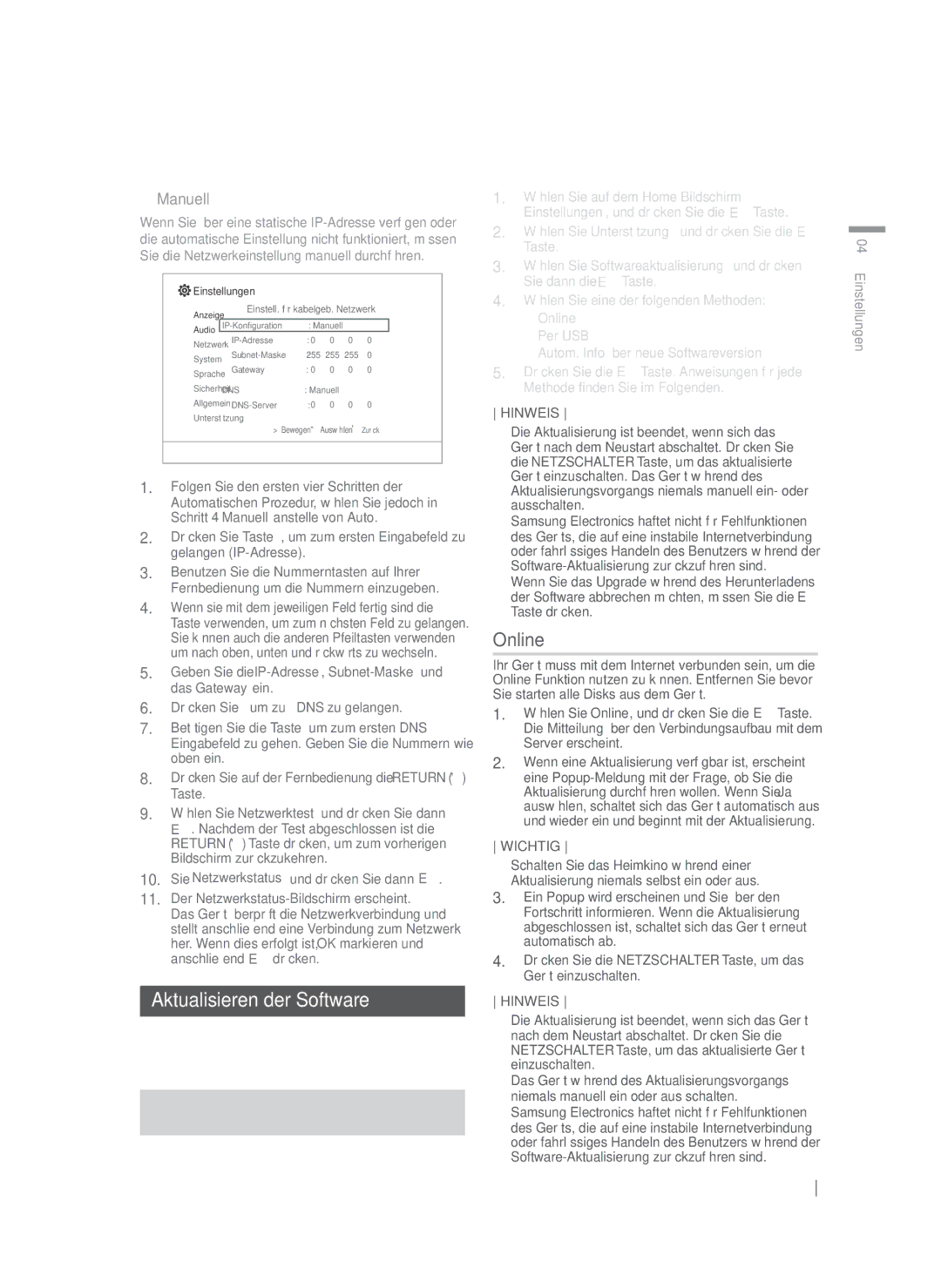 Samsung HT-F4550/TK, HT-F4500/TK, HT-F4550/EN, HT-F4500/EN, HT-F4550/ZF, HT-F4500/ZF manual Aktualisieren der Software, Manuell 