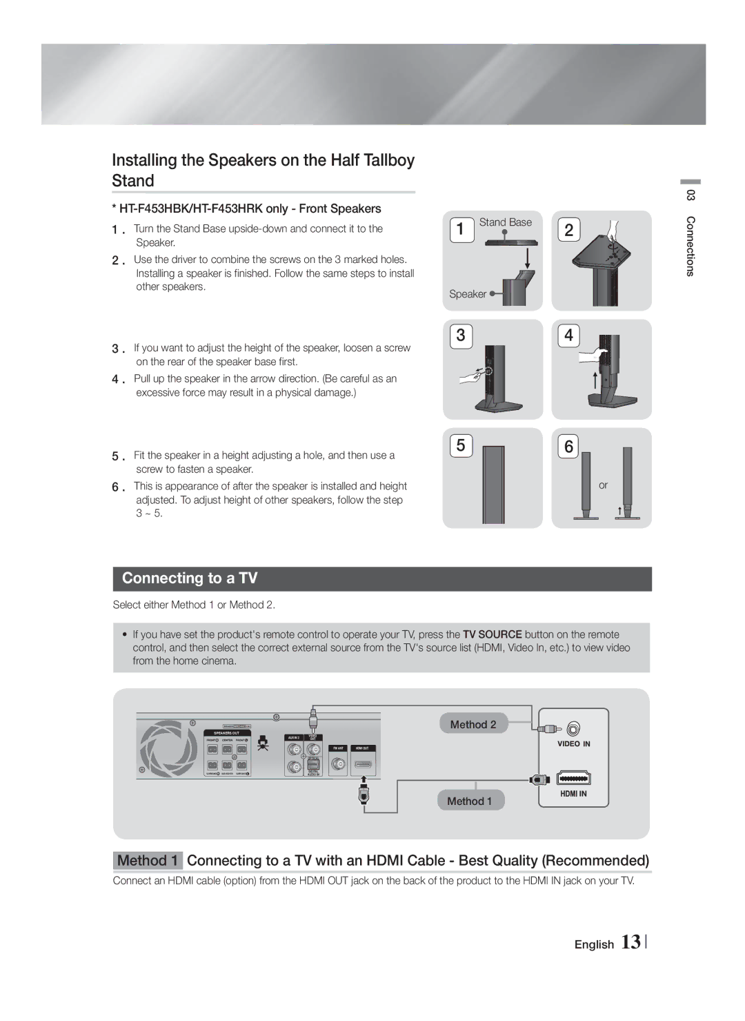 Samsung HT-F453HBK/SJ, HT-F455BK/SJ, HT-F453HBK/UM Connecting to a TV, HT-F453HBK/HT-F453HRK only Front Speakers, Method 