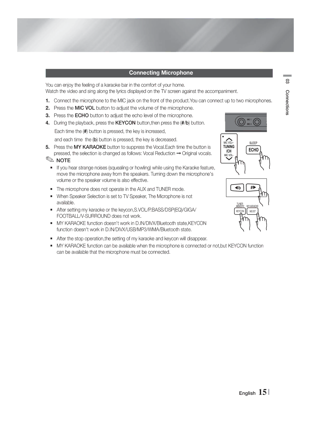 Samsung HT-F453HBK/UM, HT-F453HBK/SJ, HT-F455BK/SJ, HT-F455BK/ZN Connecting Microphone, FOOTBALL/V-SURROUND does not work 