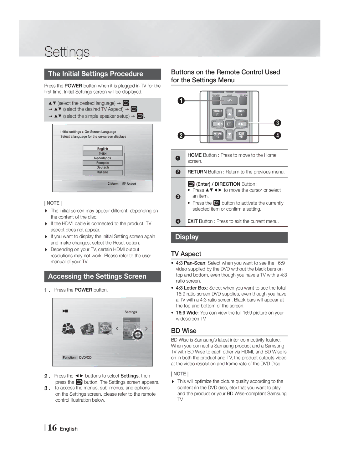 Samsung HT-F455BK/ZN, HT-F453HBK/SJ, HT-F455BK/SJ Initial Settings Procedure, Accessing the Settings Screen, Display 