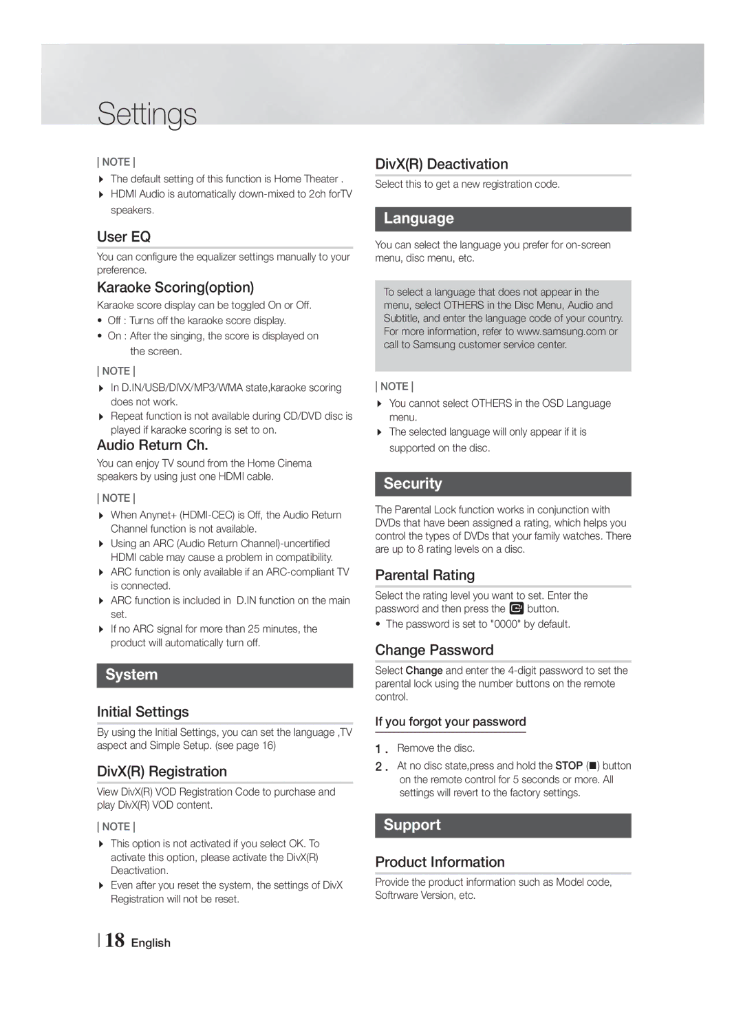 Samsung HT-F455BK/UM, HT-F453HBK/SJ, HT-F455BK/SJ, HT-F453HBK/UM, HT-F455BK/ZN manual System, Language, Security, Support 