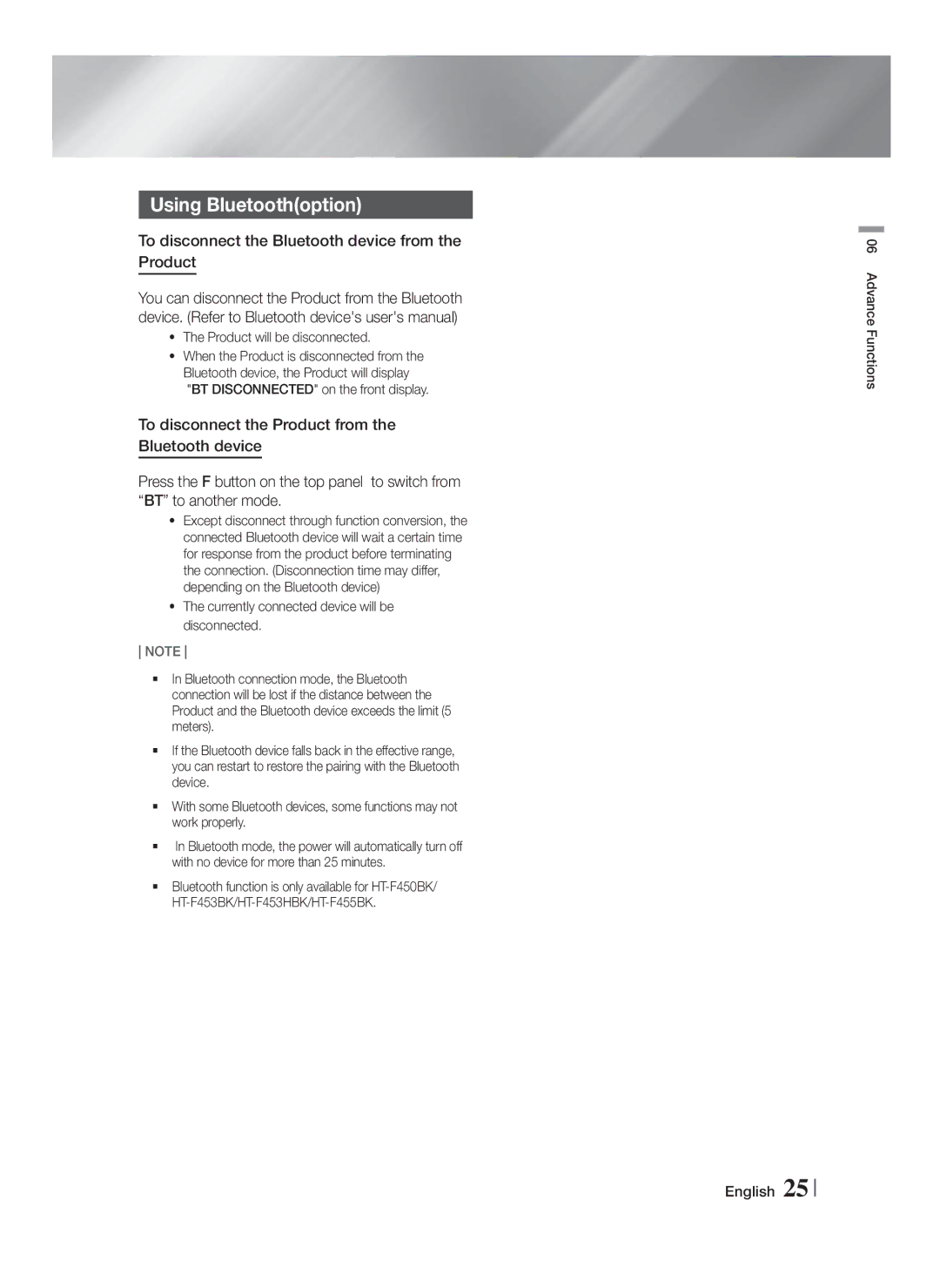 Samsung HT-F450BK/SQ To disconnect the Bluetooth device from the Product, Product will be disconnected, Advance Functions 