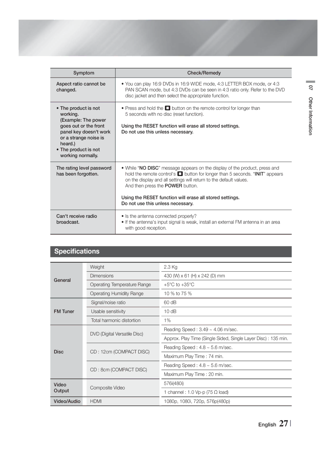 Samsung HT-F455BK/SJ, HT-F453HBK/SJ, HT-F453HBK/UM, HT-F455BK/ZN, HT-F450BK/SJ, HT-F455BK/UM, HT-F450BK/ZN Specifications, Hdmi 