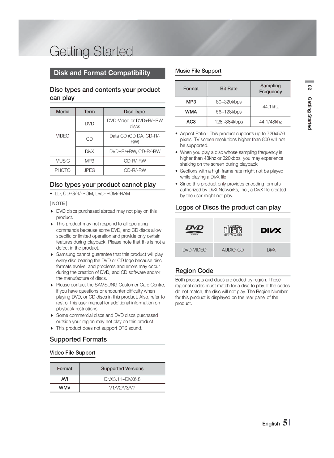 Samsung HT-F455BK/UM, HT-F453HBK/SJ, HT-F455BK/SJ, HT-F453HBK/UM, HT-F455BK/ZN Getting Started, Disk and Format Compatibility 