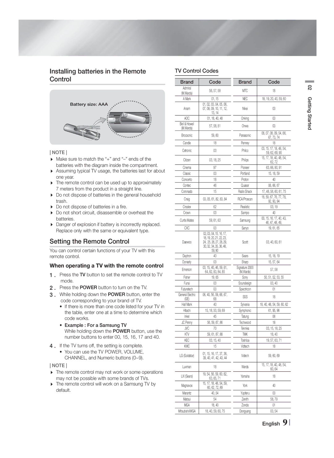 Samsung HT-F453HRK/XV manual Installing batteries in the Remote Control, Setting the Remote Control, TV Control Codes 