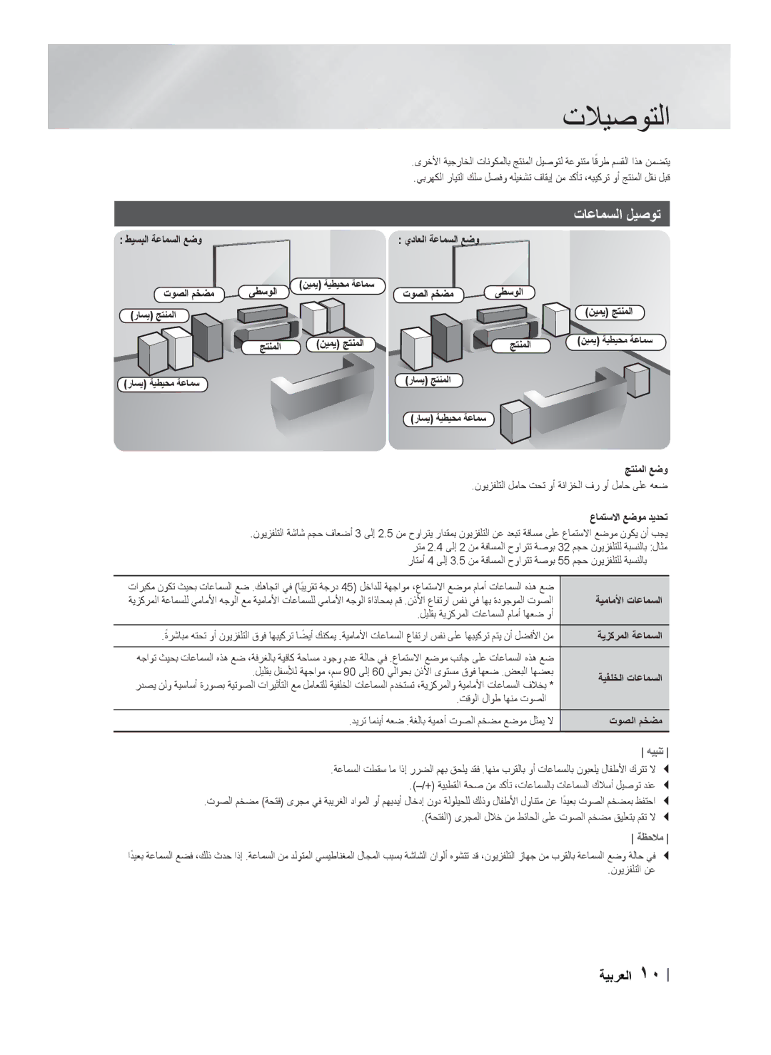 Samsung HT-F455BK/SJ manual ﺕﻼﻴﺻﻮﺘﻟﺍ, ﺭﺎﺴﻳ ﺔﻴﻄﻴﺤﻣ ﺔﻋﺎﻤﺳ ﺞﺘﻨﻤﻟﺍ ﻊﺿﻭ, ﻥﻮﻳﺰﻔﻠﺘﻟﺍ ﻞﻣﺎﺣ ﺖﺤﺗ ﻭﺃ ﺔﻧﺍﺰﺨﻟﺍ ﻑﺭ ﻭﺃ ﻞﻣﺎﺣ ﻰﻠﻋ ﻪﻌﺿ 