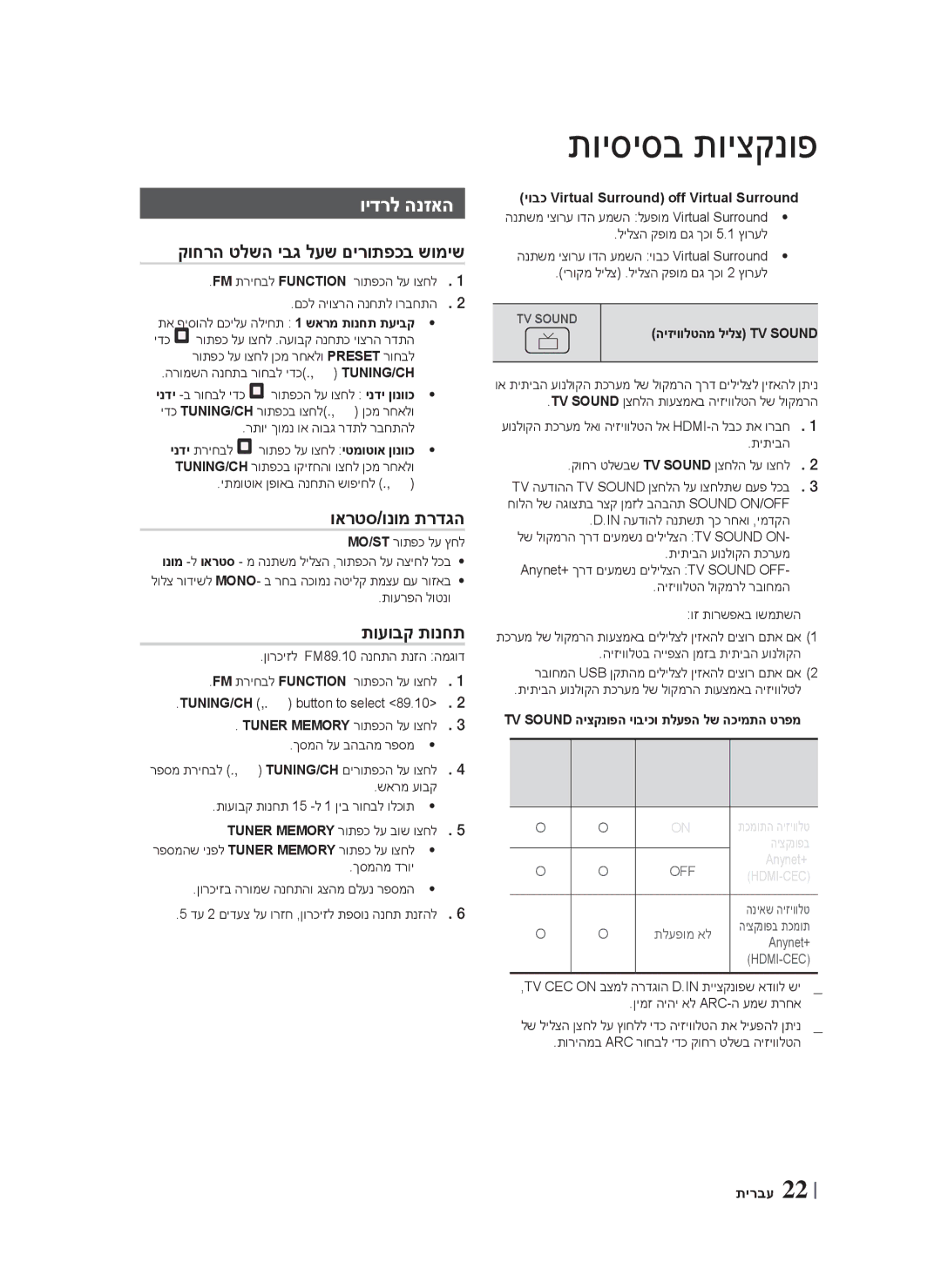 Samsung HT-F453HBK/SQ manual וידרל הנזאה, וארטס/ונומ תרדגה, תועובק תונחת, קוחרה טלשה יבג לעש םירותפכב שומיש 