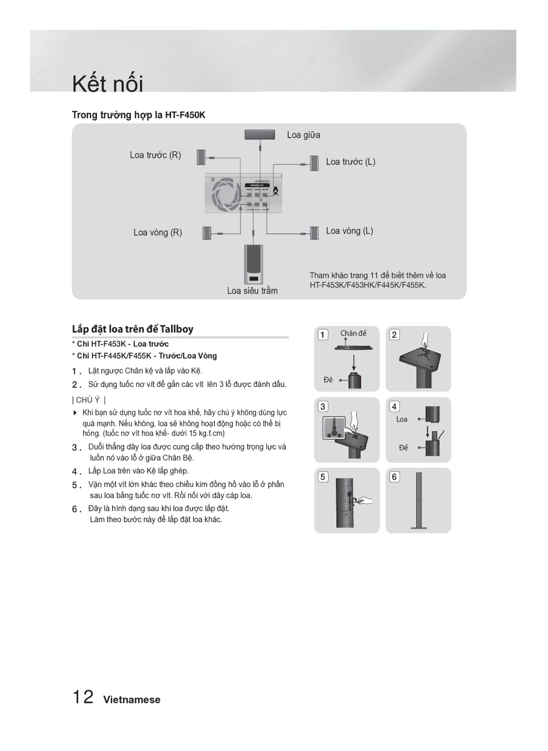 Samsung HT-F453HK/XV manual Lắp đặt loa trên đế Tallboy, Trong trường hợp la HT-F450K, Loa giữa 