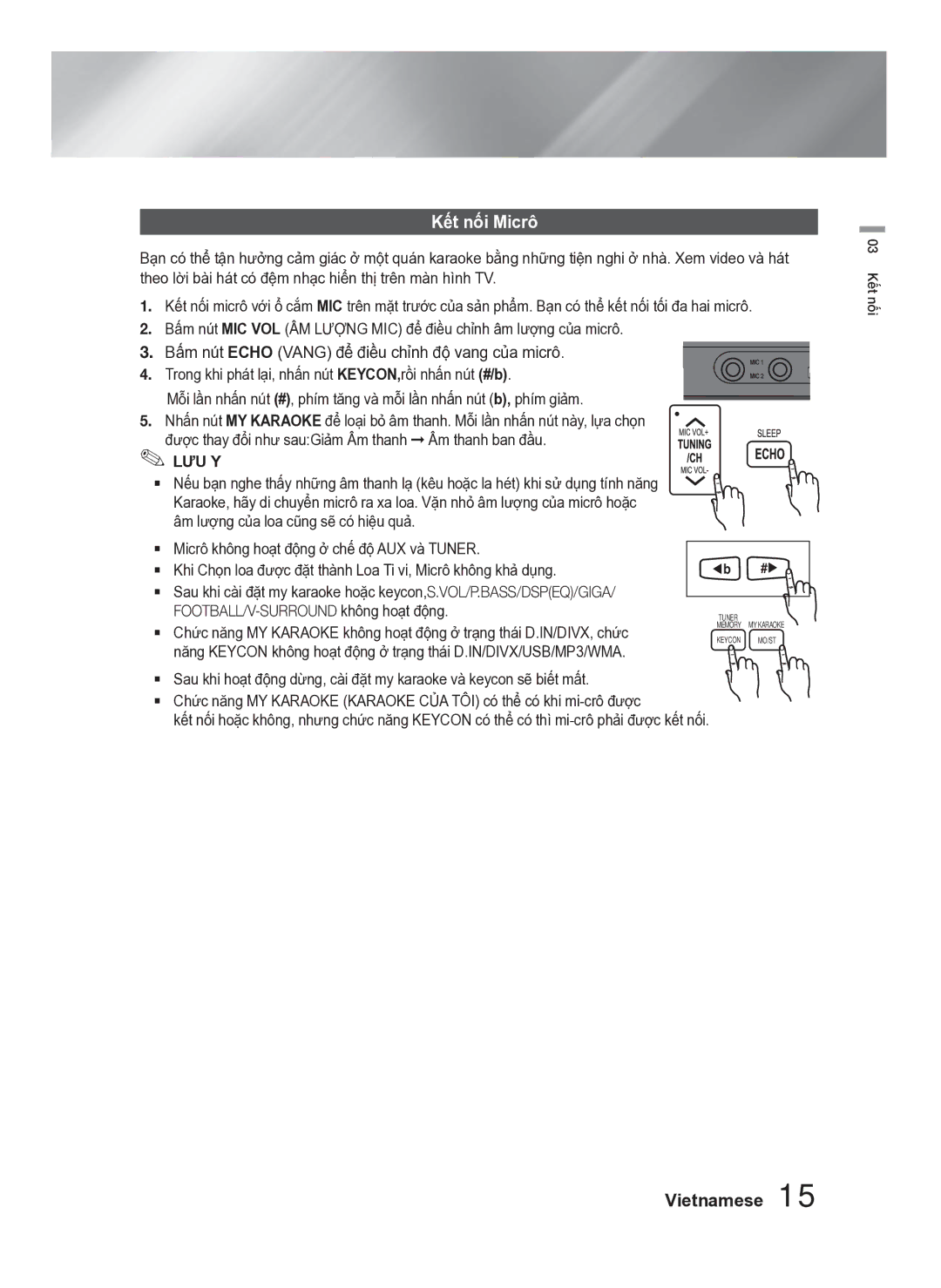 Samsung HT-F453HK/XV manual Kết nối Micrô, Trong khi phát lại, nhấn nút KEYCON,rồi nhấn nút #/b 