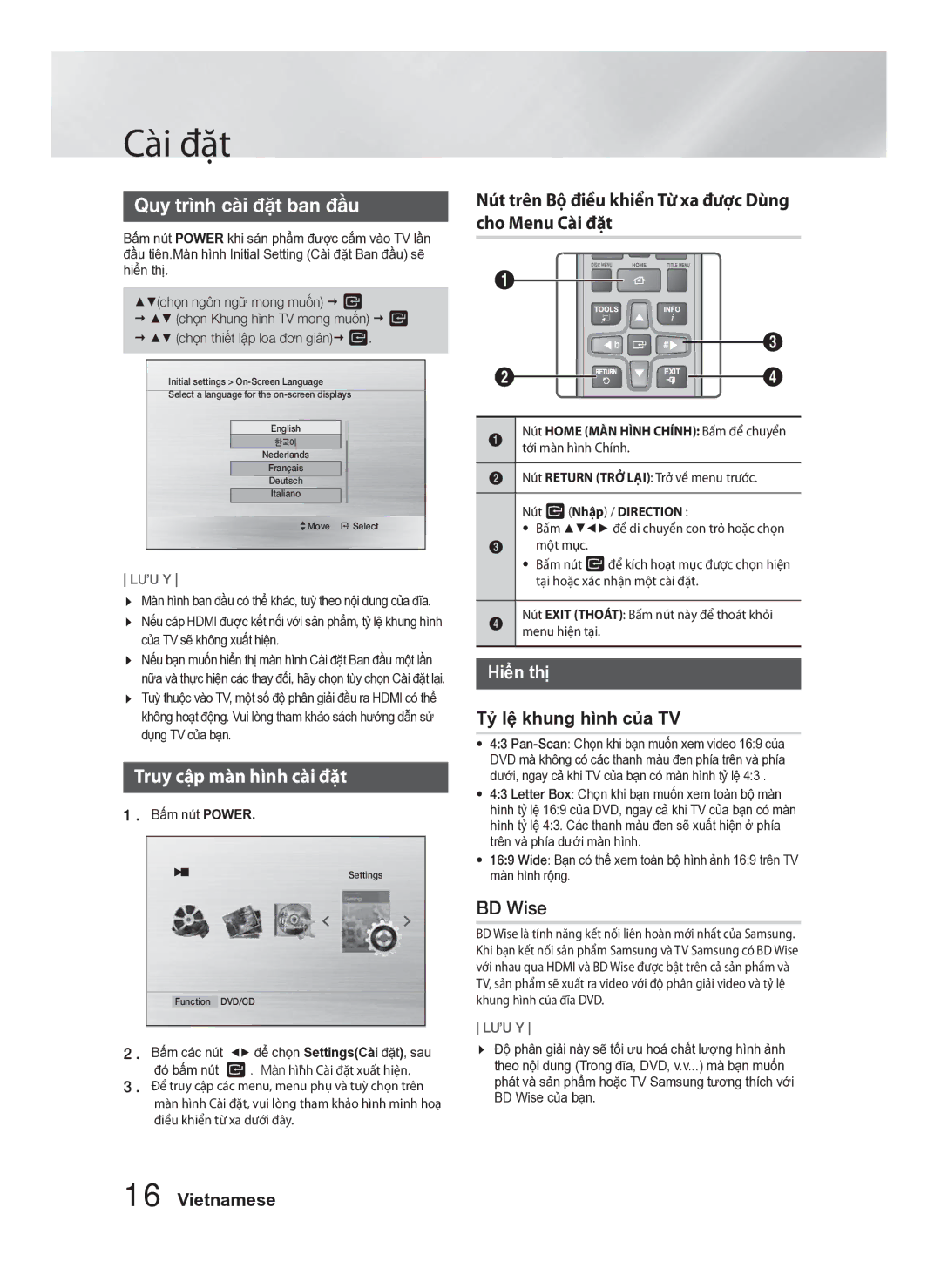 Samsung HT-F453HK/XV manual Cài đặt, Quy trình cài đặt ban đầu, Truy cập màn hình cài đặt, BD Wise 