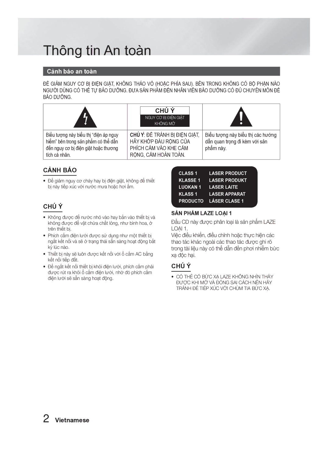 Samsung HT-F453HK/XV manual Thông tin An toàn, Cảnh báo an toàn, Vietnamese 