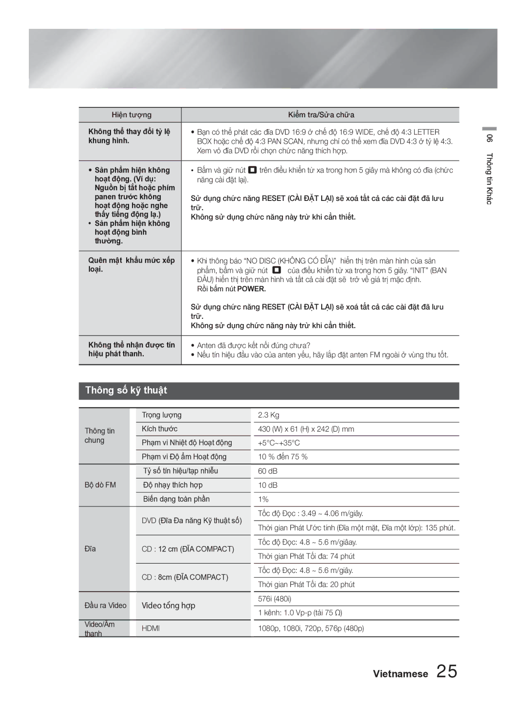 Samsung HT-F453HK/XV manual Thông số kỹ thuật, Video tổng hợp, Không thể thay đổi tỷ lệ, Khung hình, Hdmi 