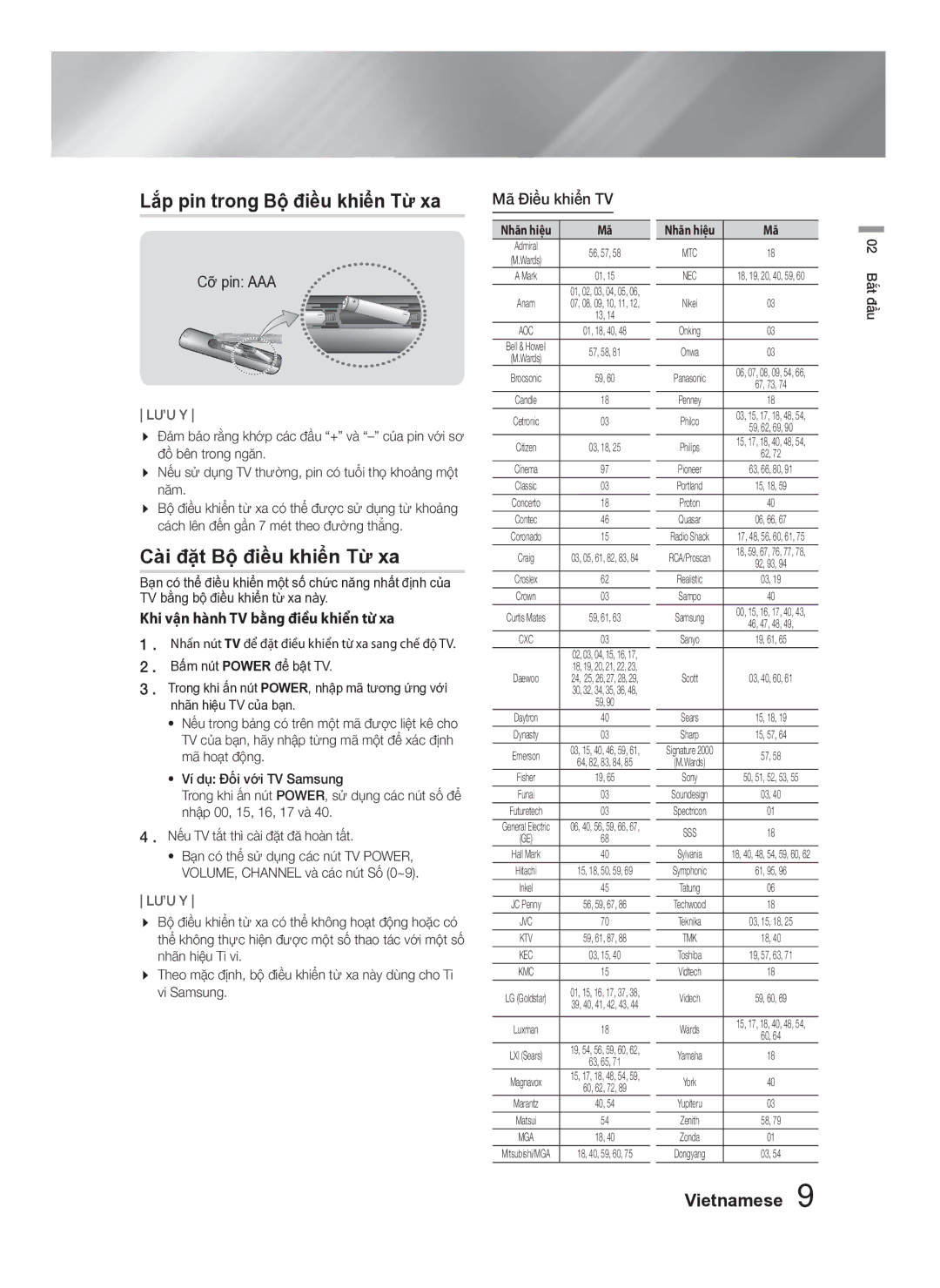 Samsung HT-F453HK/XV manual Lắp pin trong Bộ điều khiển Từ xa, Cài đặt Bộ điều khiển Từ xa, Cỡ pin AAA, Mã Điều khiển TV 