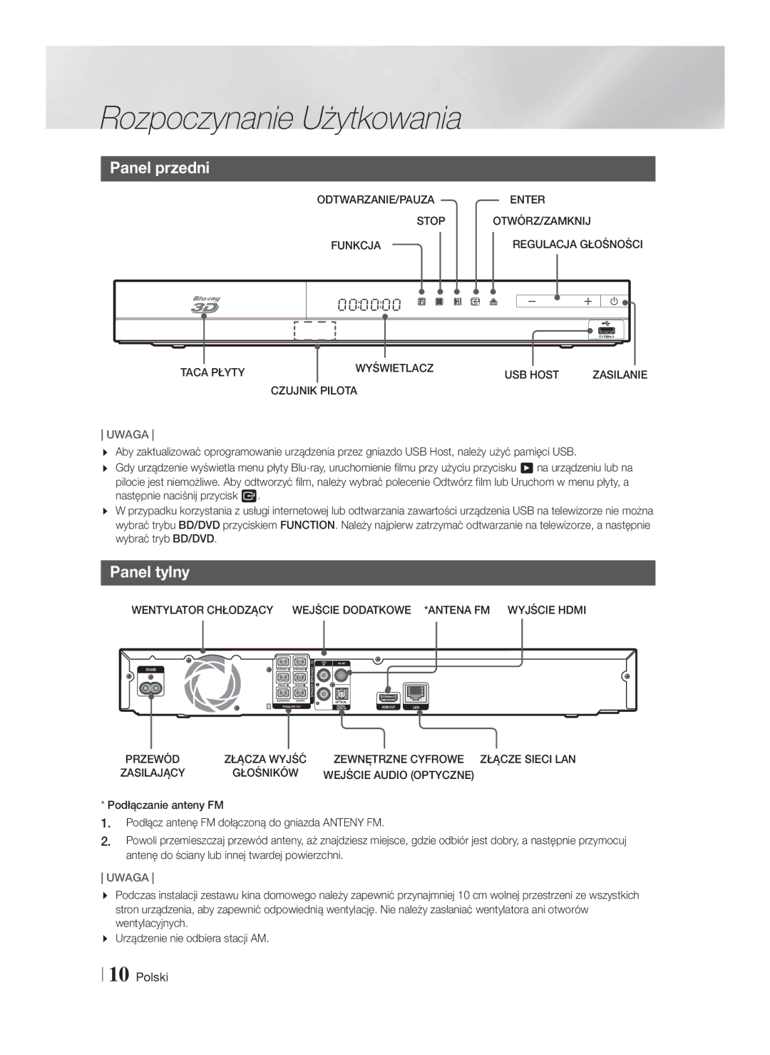 Samsung HT-F4550/EN Panel przedni, Panel tylny, Taca Płyty Wyświetlacz USB Host, Czujnik Pilota, Wejście Audio Optyczne 