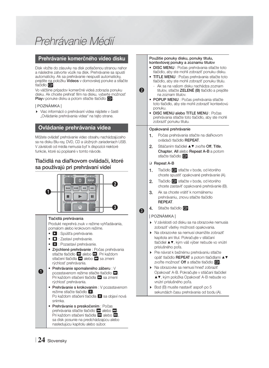 Samsung HT-F4550/EN manual Prehrávanie komerčného video disku, Ovládanie prehrávania videa, Tlačidlá prehrávania, Repeat 