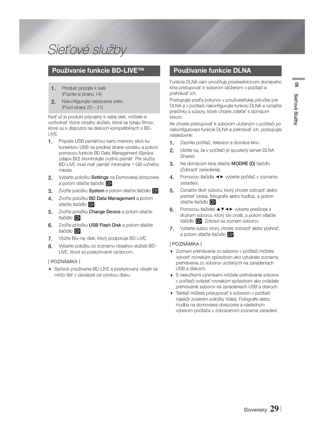 Samsung HT-F4500/EN, HT-F4550/EN Sieťové služby, Používanie funkcie BD-LIVE, Používanie funkcie Dlna, 06 Sieťové Služby 