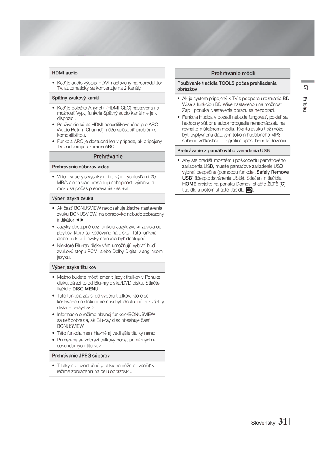 Samsung HT-F4500/EN, HT-F4550/EN manual Prehrávanie médií 