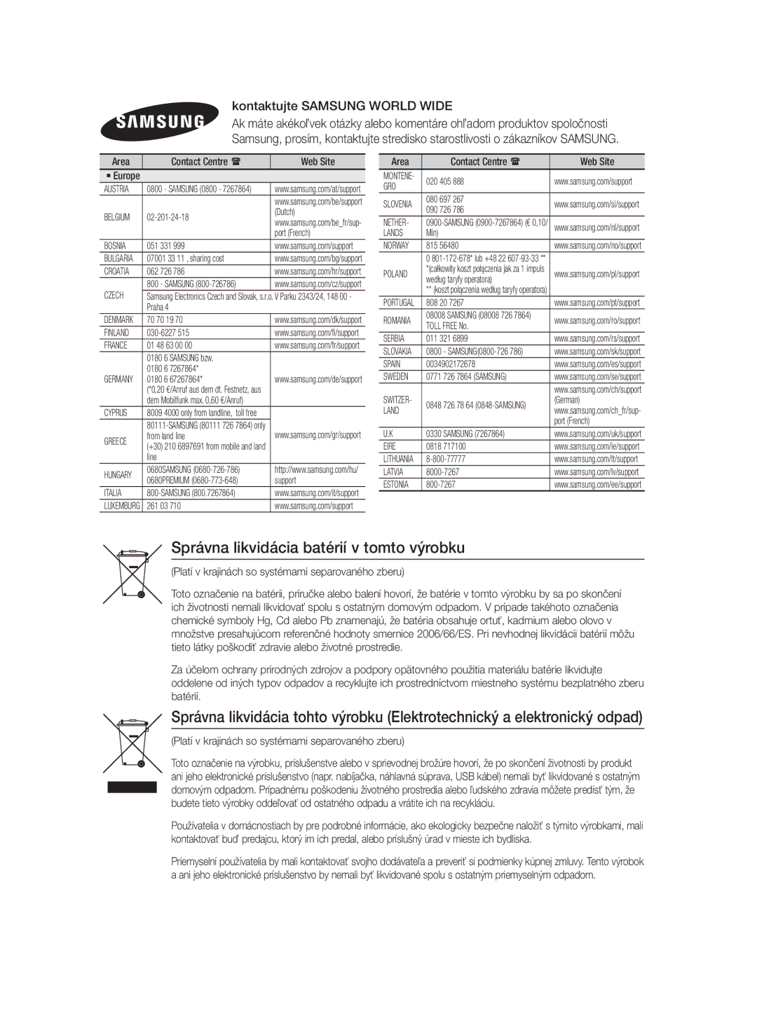 Samsung HT-F4550/EN, HT-F4500/EN manual Správna likvidácia batérií v tomto výrobku, Kontaktujte Samsung World Wide 