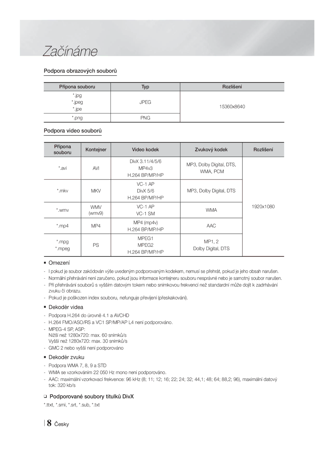 Samsung HT-F4550/EN, HT-F4500/EN manual Podpora obrazových souborů, Podpora video souborů,  Omezení,  Dekodér videa 