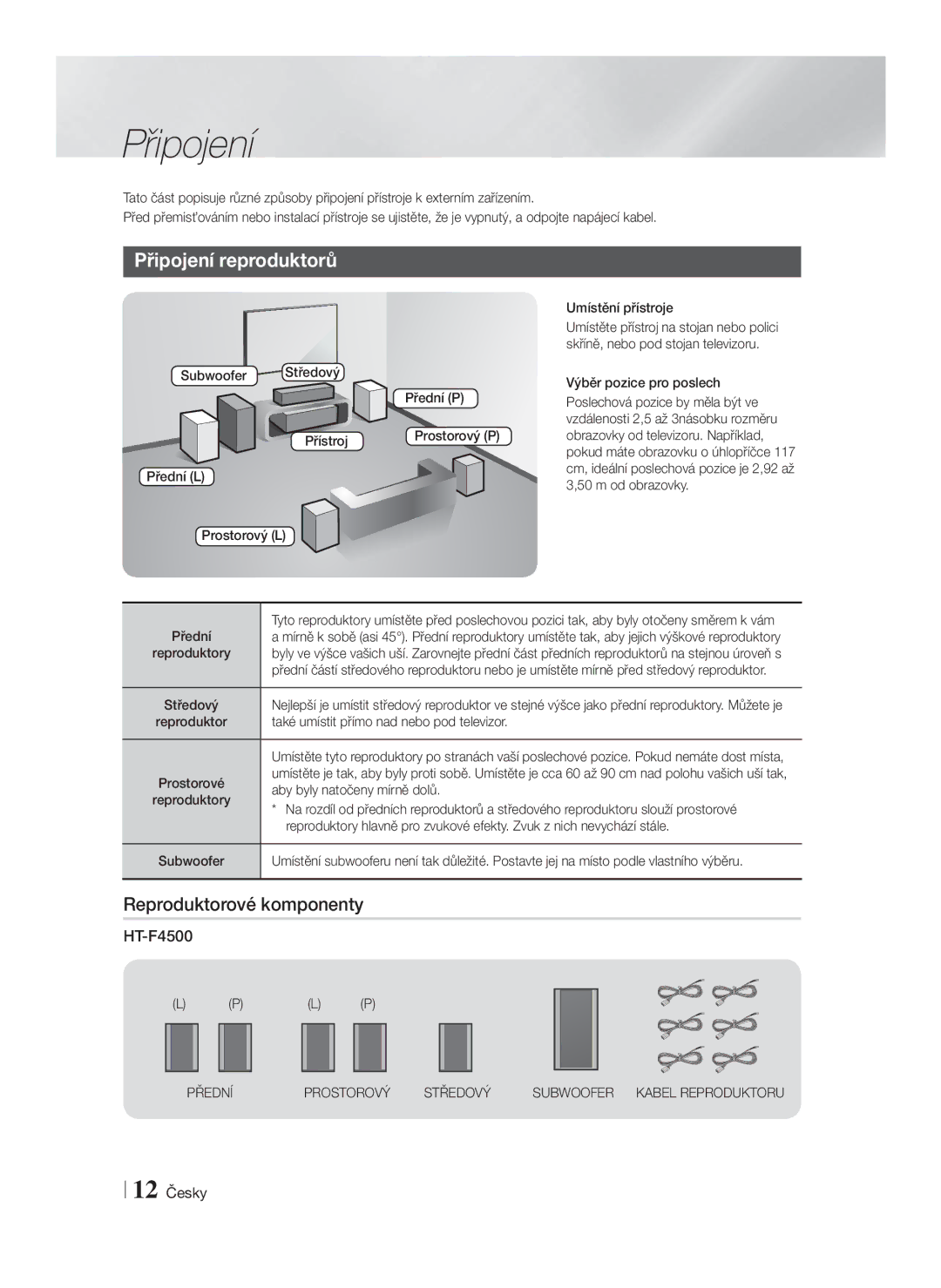 Samsung HT-F4550/EN, HT-F4500/EN manual Připojení reproduktorů, Reproduktorové komponenty, Přední Prostorový Středový 