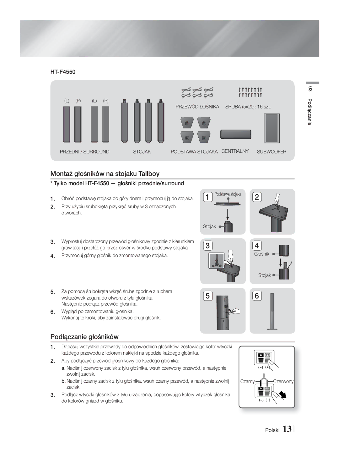 Samsung HT-F4500/EN, HT-F4550/EN manual Montaż głośników na stojaku Tallboy, Podłączanie głośników 