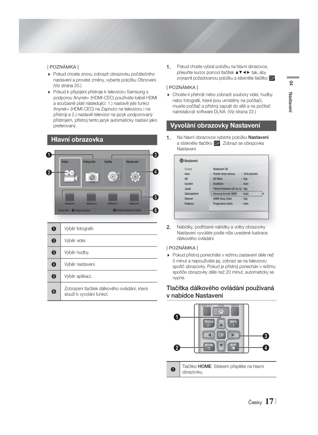 Samsung HT-F4500/EN, HT-F4550/EN Vyvolání obrazovky Nastavení, Tlačítka dálkového ovládání používaná v nabídce Nastavení 