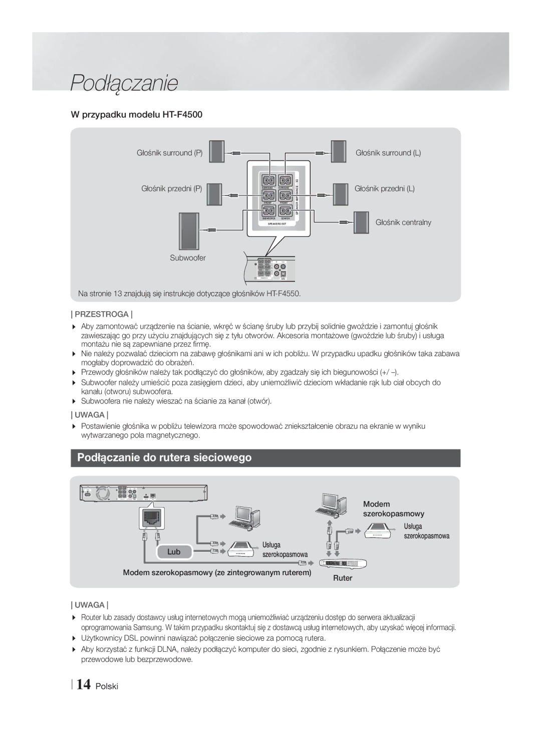 Samsung HT-F4550/EN, HT-F4500/EN manual Podłączanie do rutera sieciowego, Przypadku modelu HT-F4500, Przestroga 