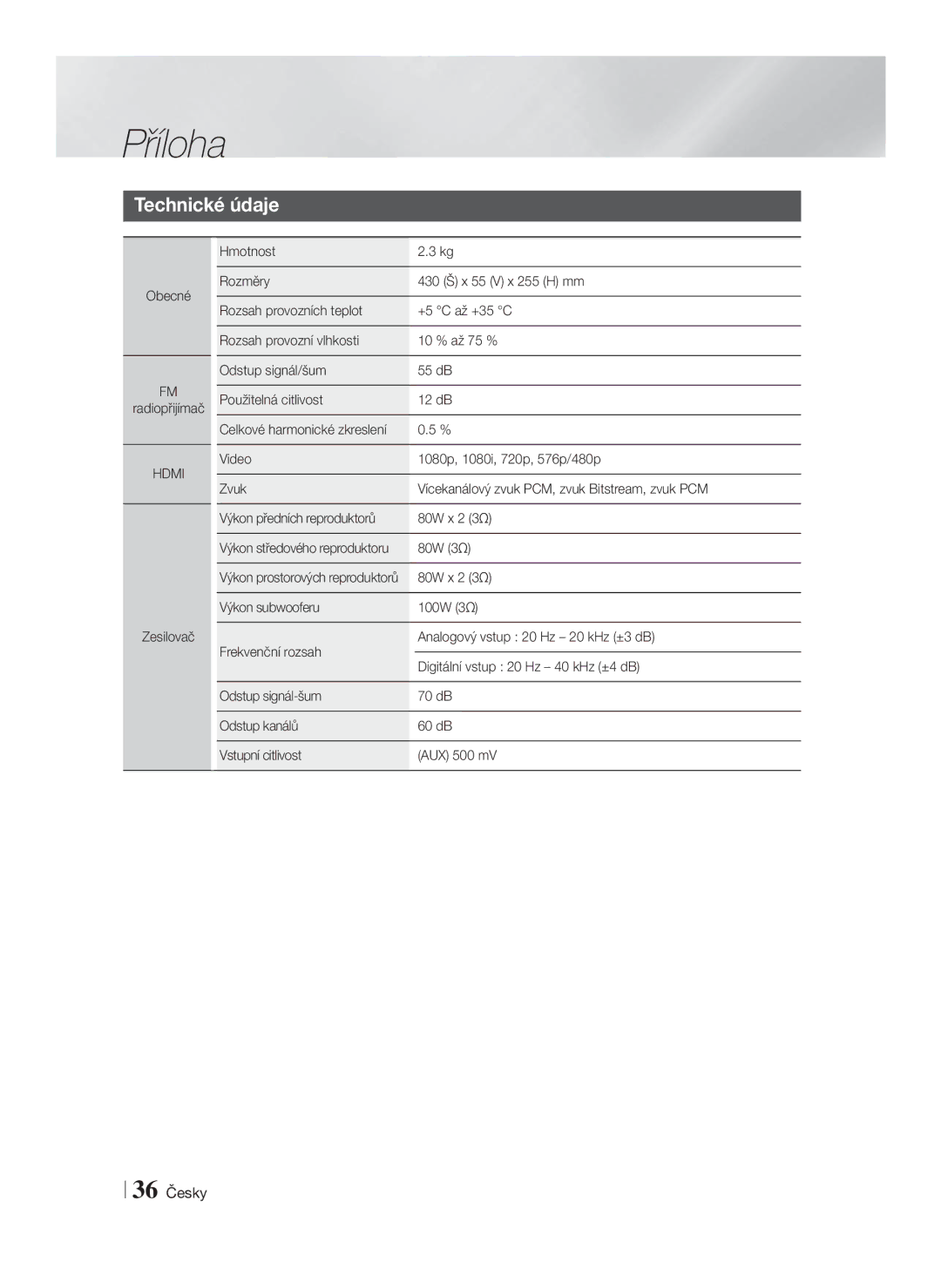 Samsung HT-F4550/EN, HT-F4500/EN manual 36 Česky, Obecné Radiopřijímač 