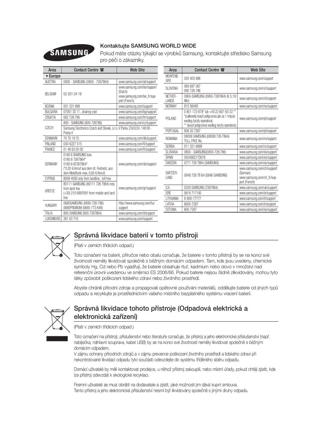 Samsung HT-F4550/EN, HT-F4500/EN manual Správná likvidace baterií v tomto přístroji, Platí v zemích třídicích odpad 