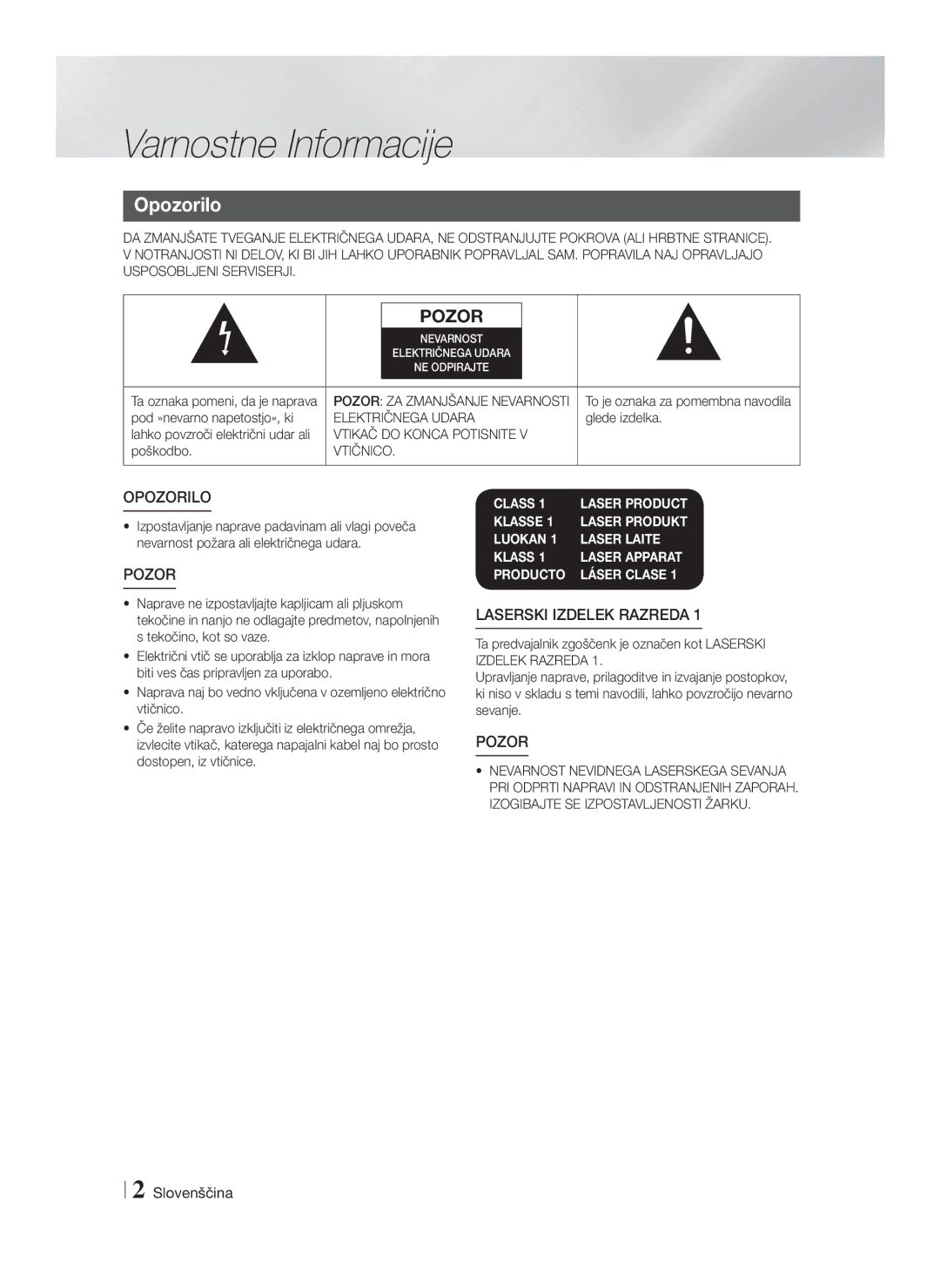 Samsung HT-F4550/EN, HT-F4500/EN Varnostne Informacije, Opozorilo, Električnega Udara, Vtikač do Konca Potisnite, Vtičnico 