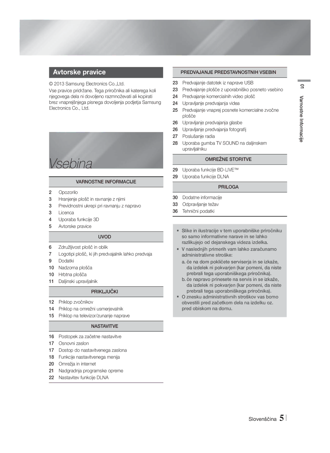 Samsung HT-F4500/EN, HT-F4550/EN manual Vsebina, Avtorske pravice 