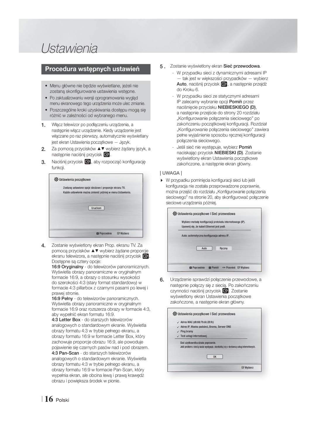 Samsung HT-F4550/EN, HT-F4500/EN manual Ustawienia, Procedura wstępnych ustawień 