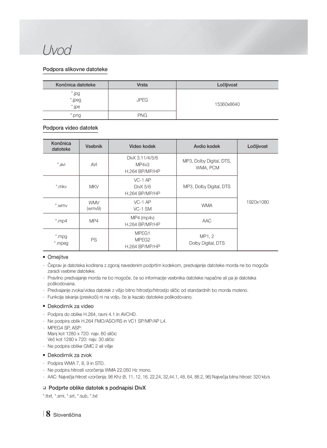 Samsung HT-F4550/EN, HT-F4500/EN manual Podpora slikovne datoteke, Podpora video datotek,  Omejitve,  Dekodirnik za video 