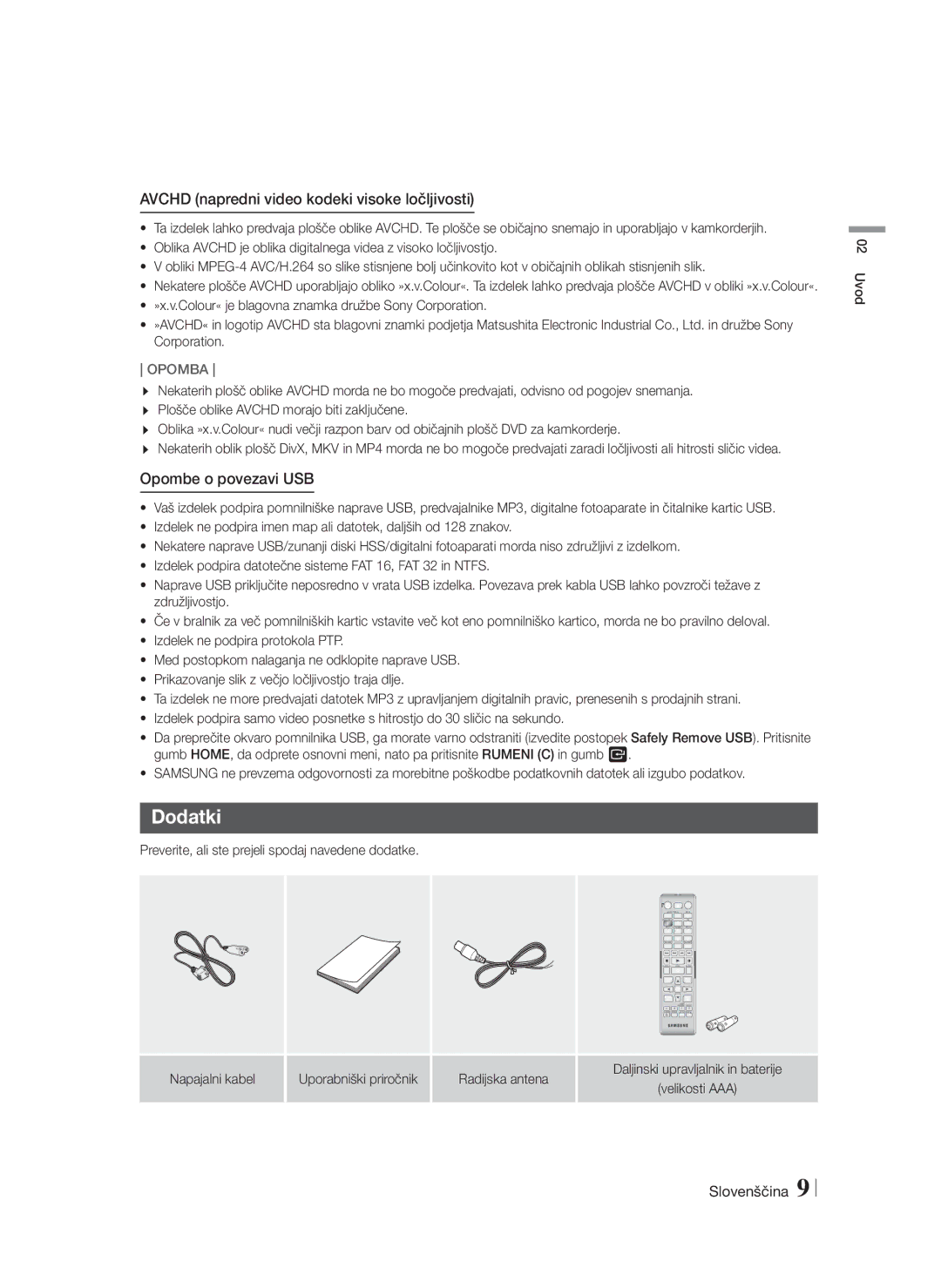 Samsung HT-F4500/EN, HT-F4550/EN manual Dodatki, Avchd napredni video kodeki visoke ločljivosti, Opombe o povezavi USB 