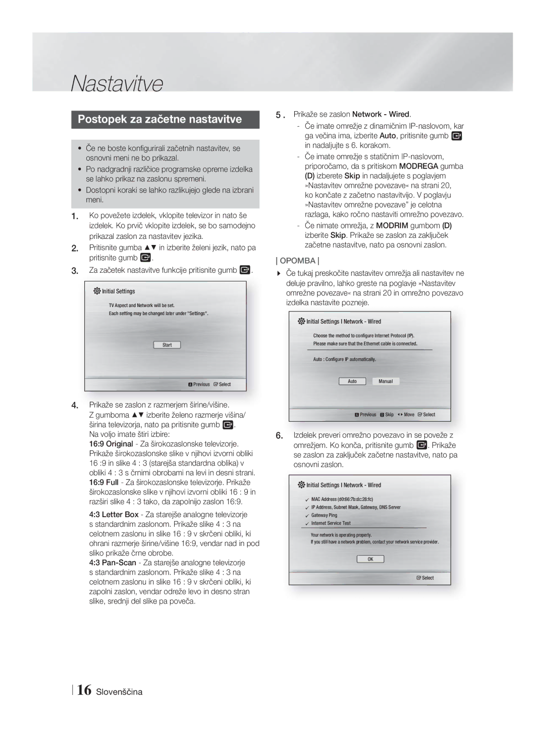 Samsung HT-F4550/EN, HT-F4500/EN manual Nastavitve, Postopek za začetne nastavitve 