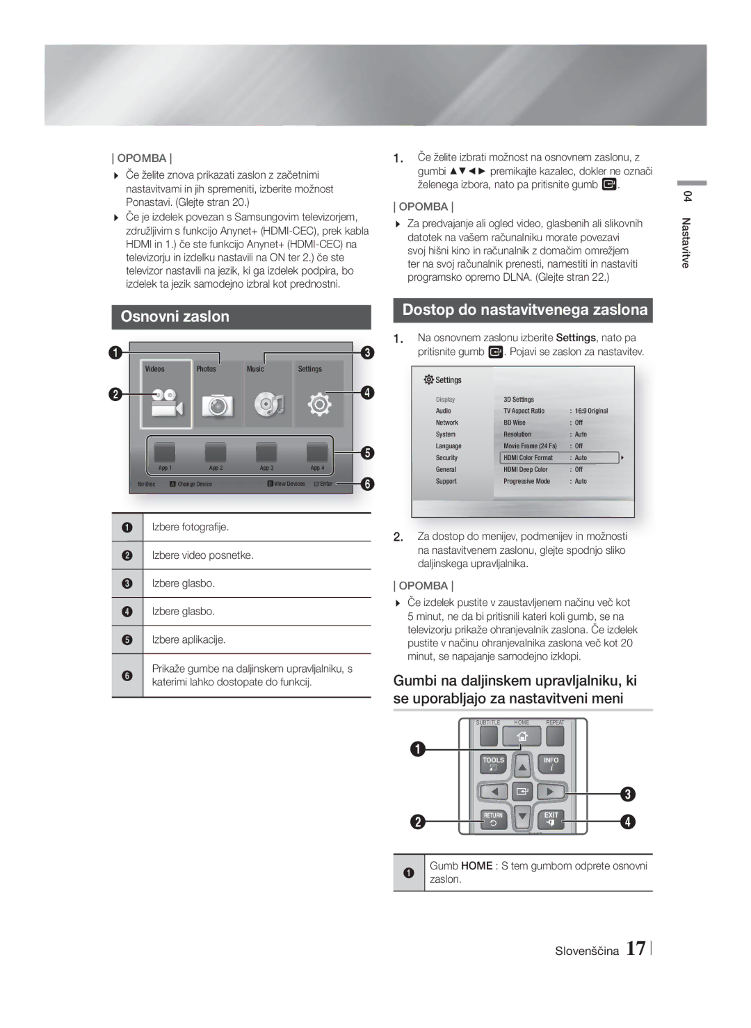 Samsung HT-F4500/EN, HT-F4550/EN manual Osnovni zaslon, Nastavitve, Gumb Home S tem gumbom odprete osnovni zaslon 