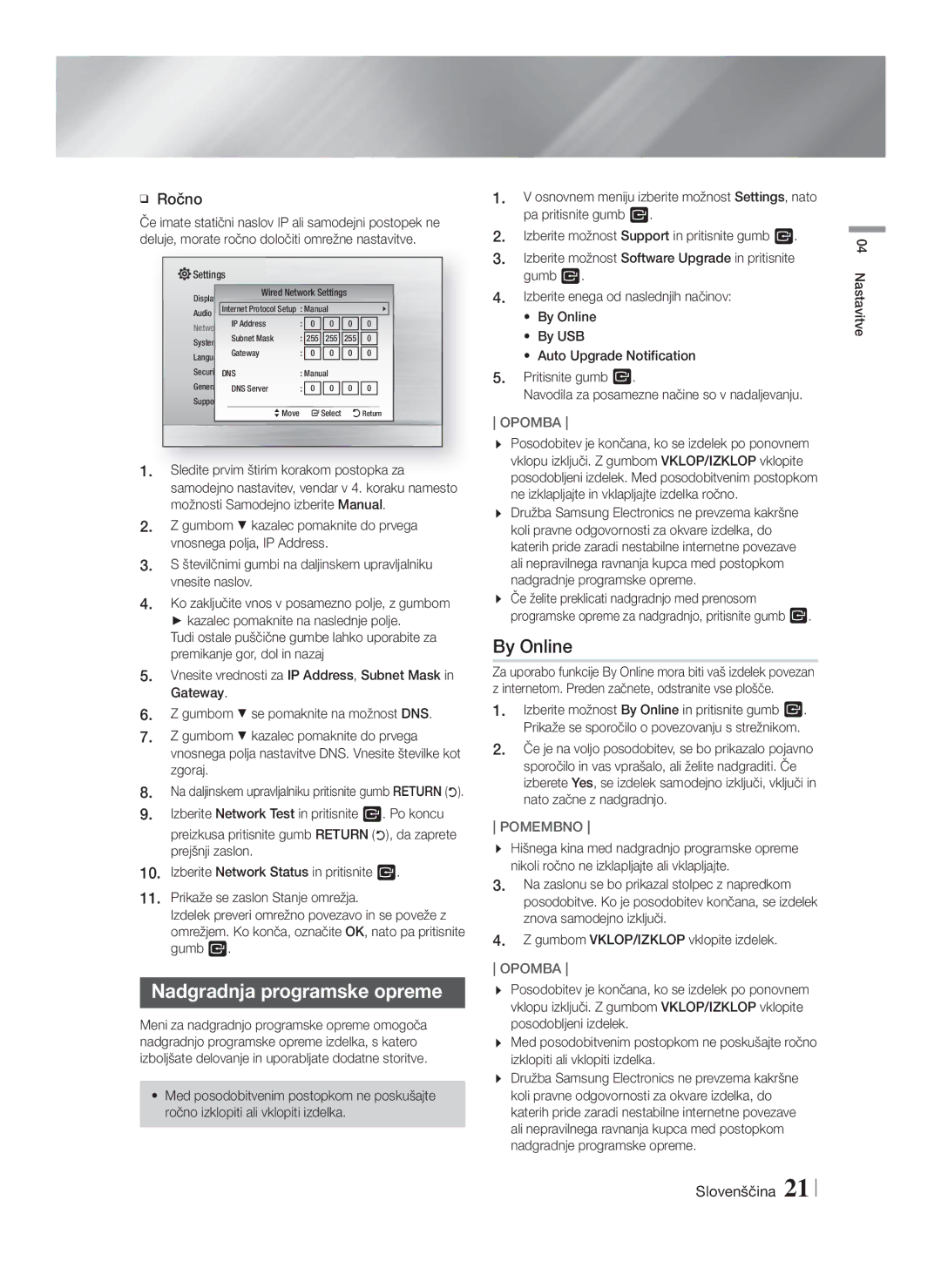 Samsung HT-F4500/EN, HT-F4550/EN manual Nadgradnja programske opreme, Ročno, Pomembno 