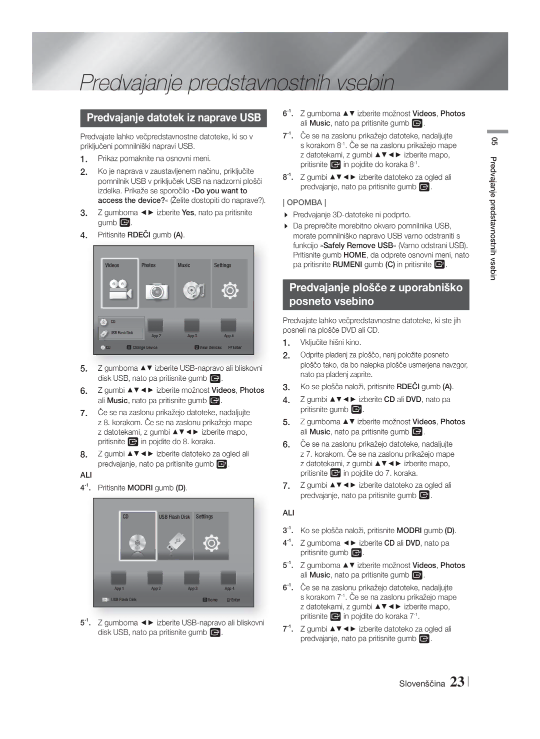 Samsung HT-F4500/EN, HT-F4550/EN manual Predvajanje predstavnostnih vsebin, Predvajanje datotek iz naprave USB, Ali 