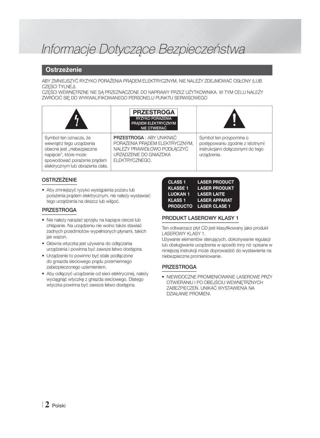 Samsung HT-F4550/EN, HT-F4500/EN manual Informacje Dotyczące Bezpieczeństwa, Ostrzeżenie 