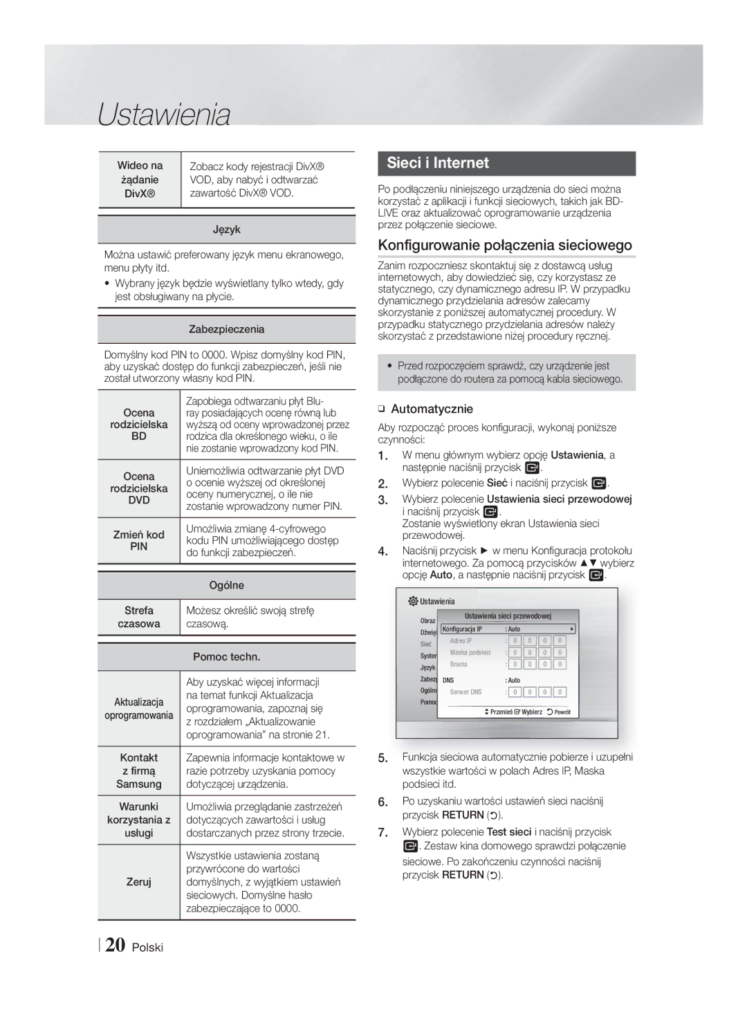 Samsung HT-F4550/EN, HT-F4500/EN manual Sieci i Internet, Konfigurowanie połączenia sieciowego, Automatycznie 