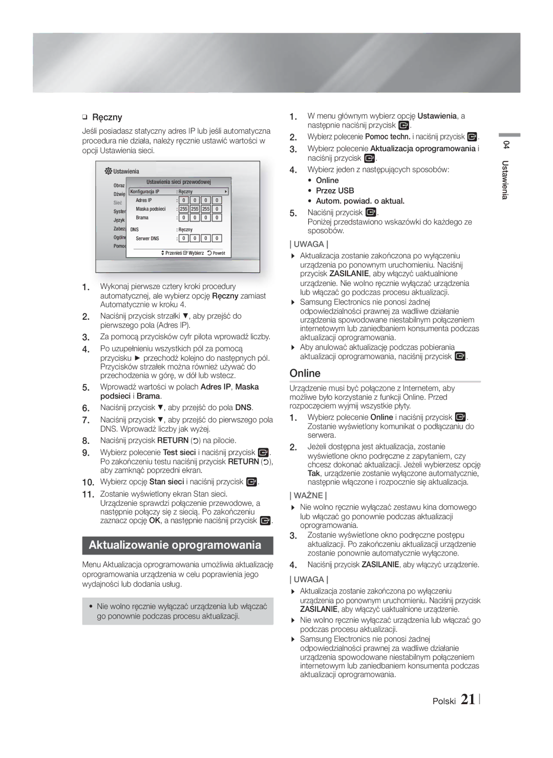 Samsung HT-F4500/EN, HT-F4550/EN manual Aktualizowanie oprogramowania, Online, Ręczny, Ważne 